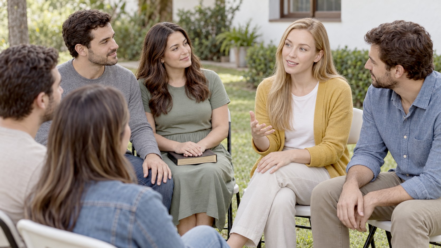 Três casais sentados em roda no jardim de uma casa de retiro, conversando enquanto uma das mulheres fala ao grupo