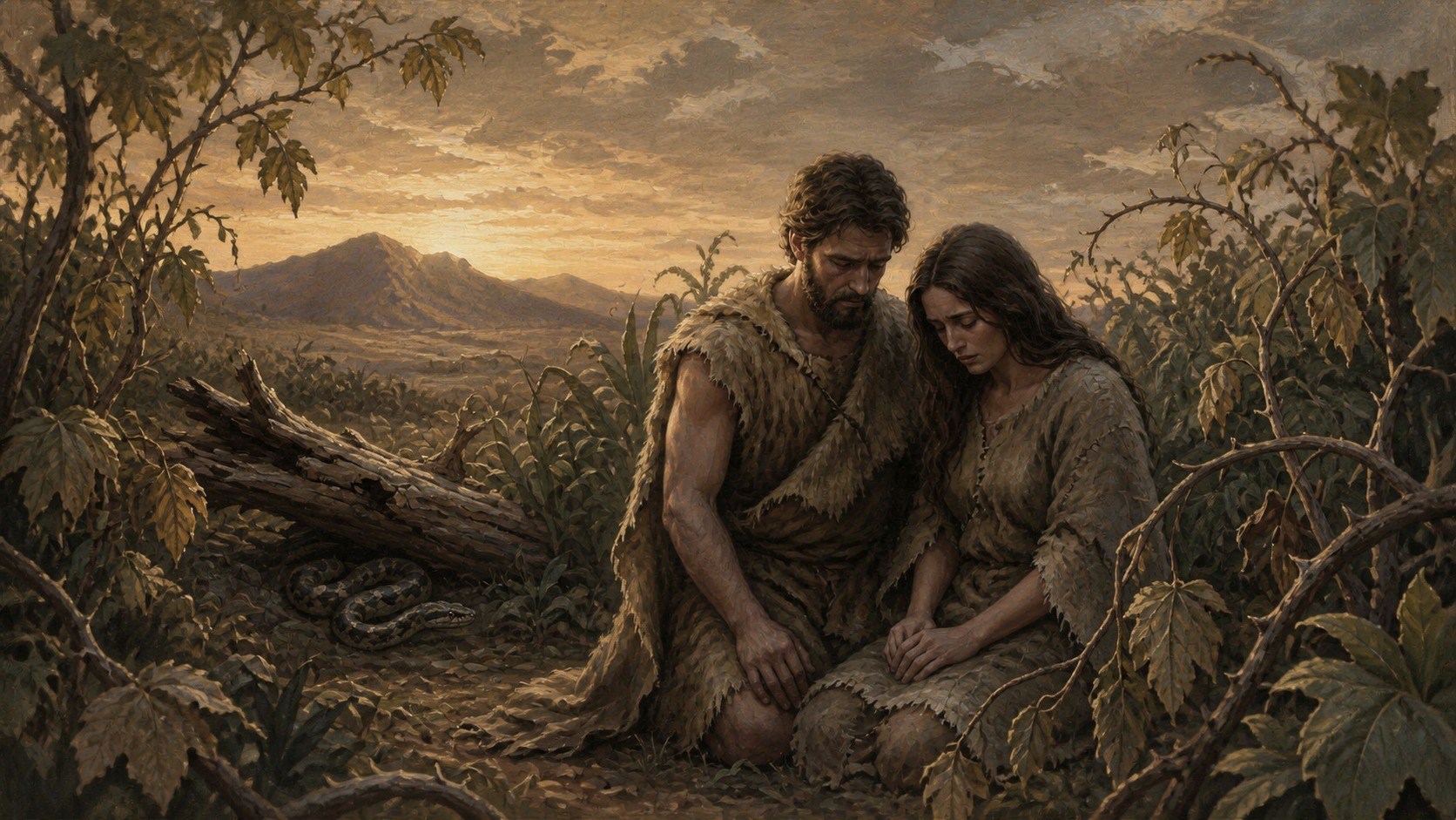Pintura de Adão e Eva cabisbaixos após a queda, com a serpente entre a vegetação