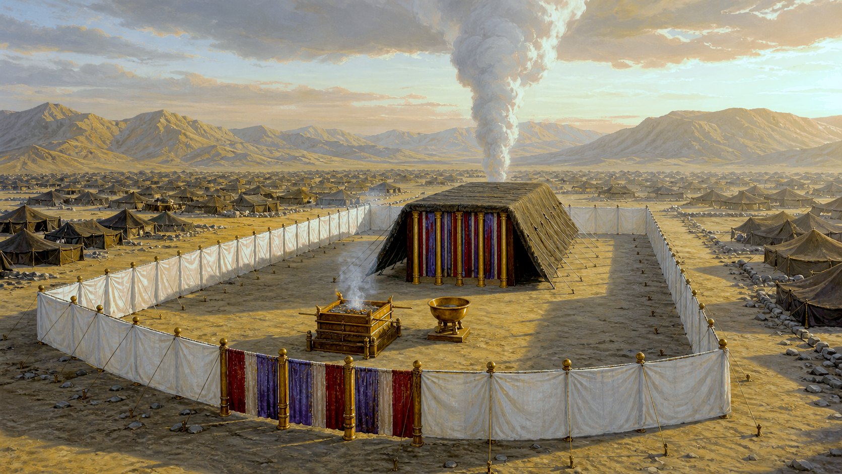 Pintura do tabernáculo de Moisés com o pátio de cortinas de linho, o altar e a bacia de bronze, e a coluna de nuvem subindo sobre a tenda