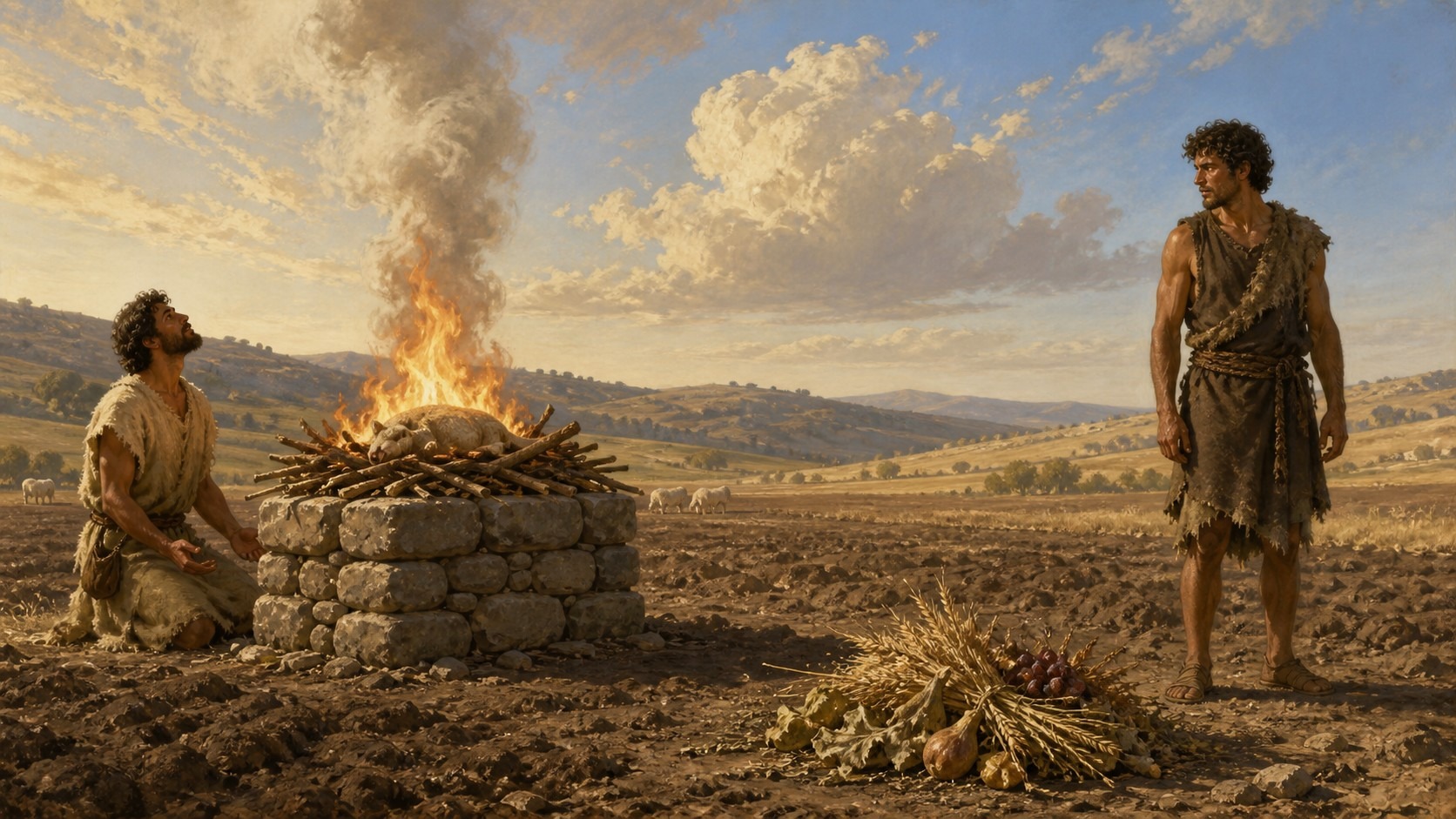 Pintura de Abel ajoelhado diante do altar em chamas com o cordeiro oferecido, e Caim em pé ao lado do seu monte de colheita