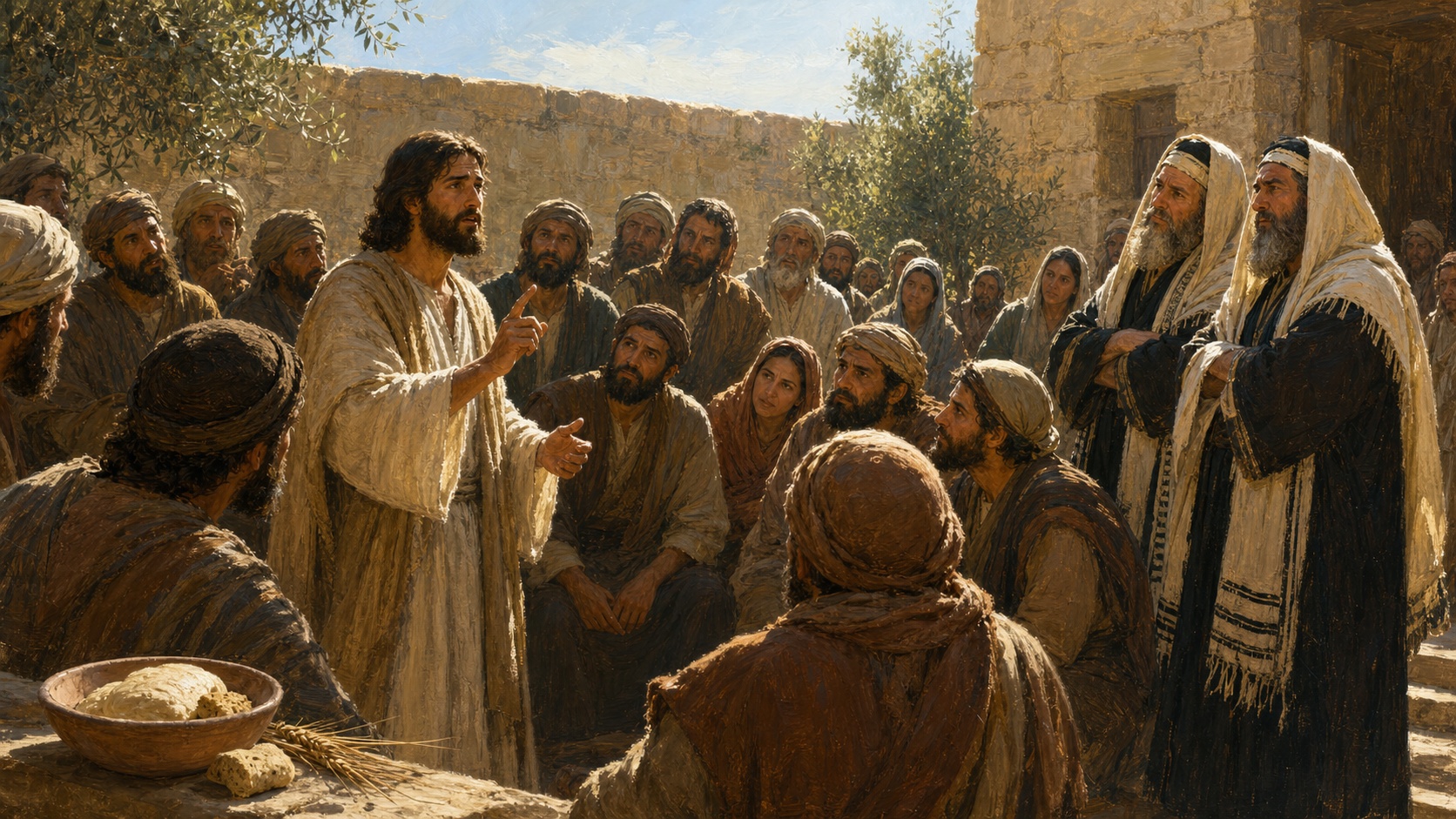 Jesus adverte a multidao sobre o fermento dos fariseus em patio judaico