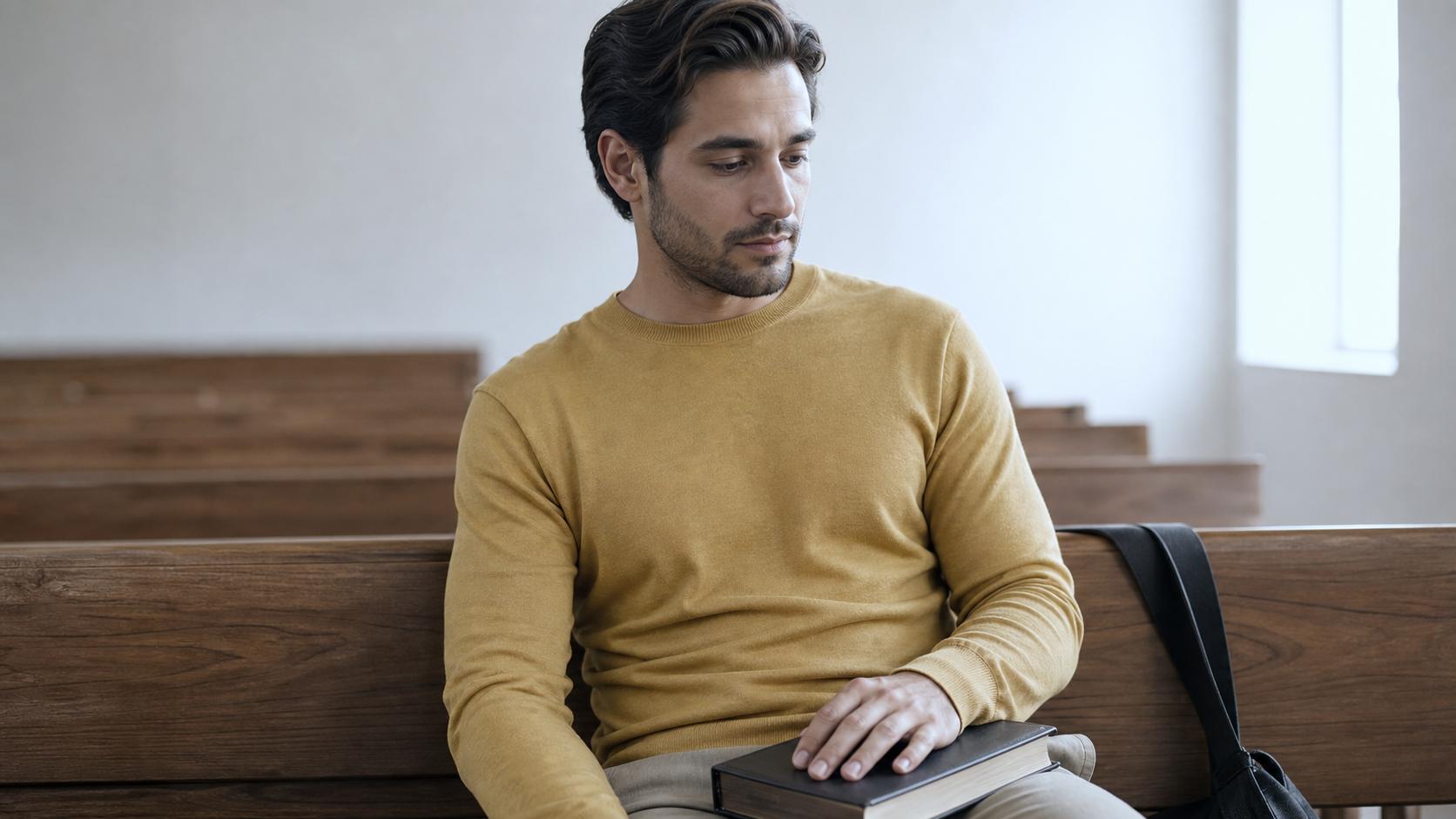 Jovem adulto sentado sozinho em um banco da igreja com a Biblia fechada no colo