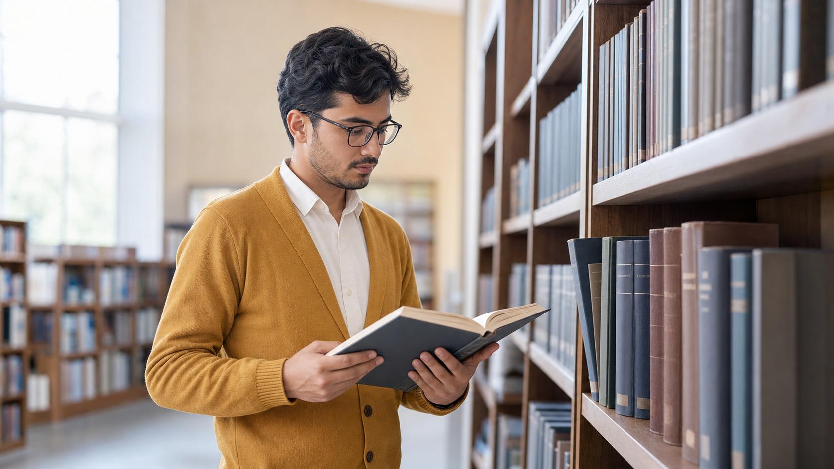 Estudante consultando volumes de teologia na biblioteca do seminario