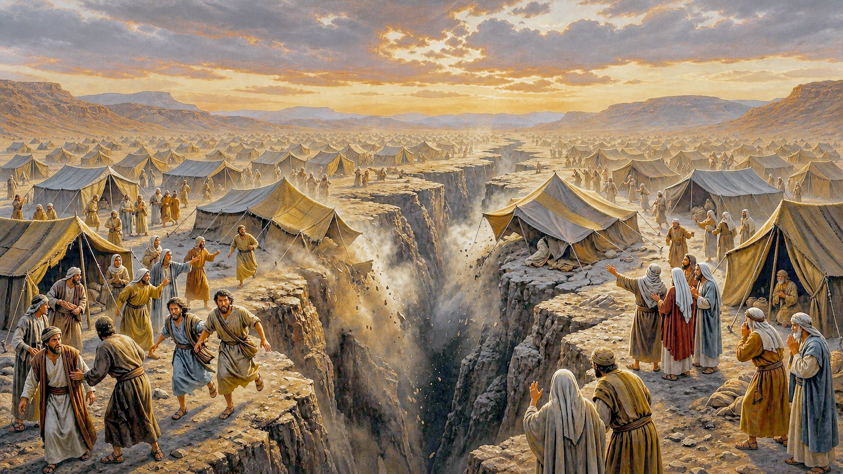 Pintura da fenda aberta no chão do acampamento de Israel, com pessoas recuando entre as tendas e poeira subindo da abertura