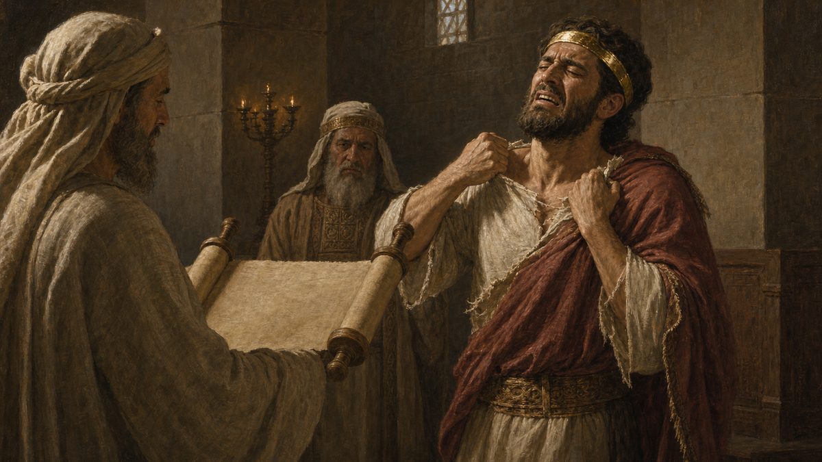 O rei Josias rasga as vestes ao ouvir o escriba Safã ler o Livro da Lei encontrado no templo