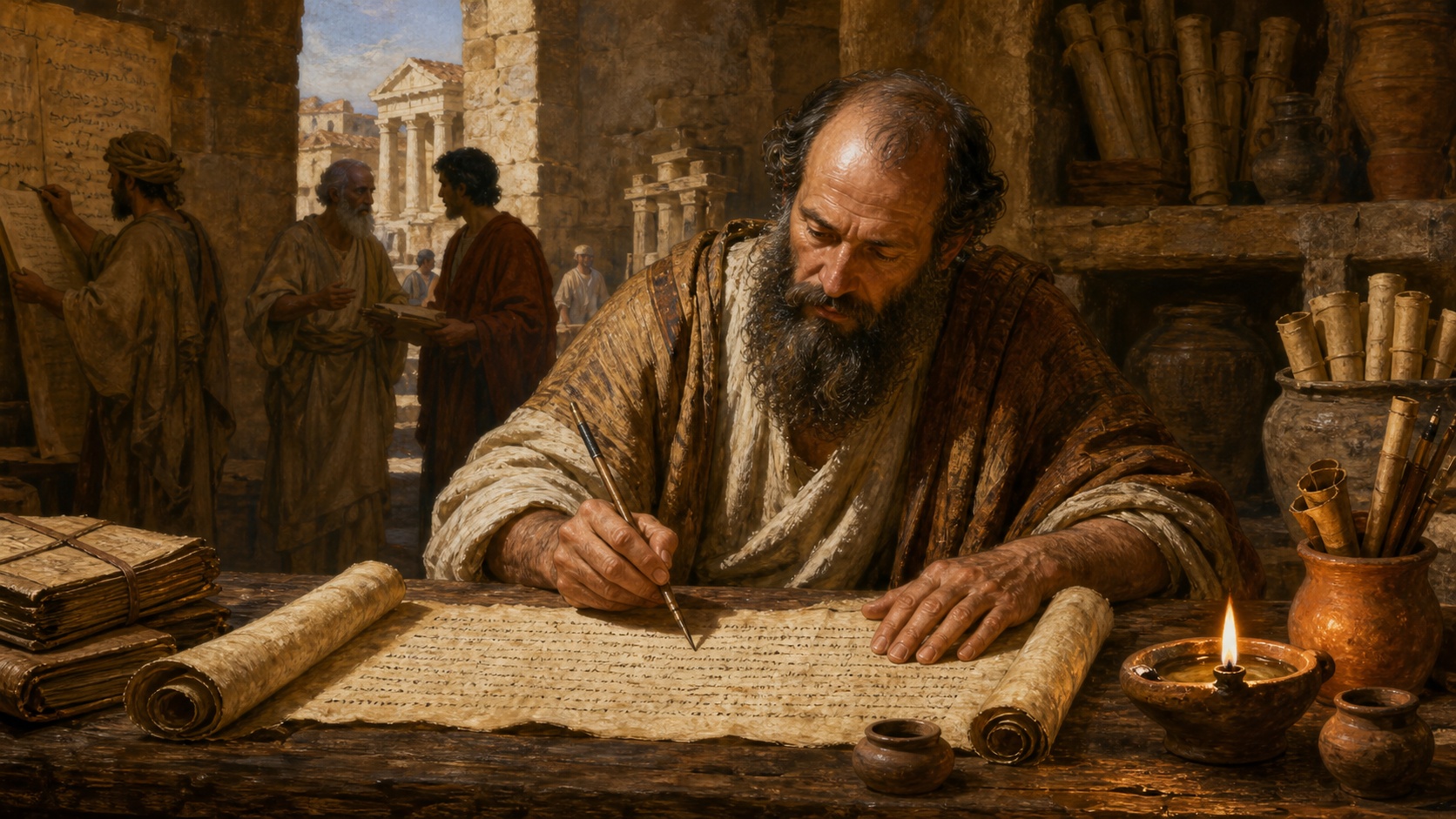 Ilustração histórica de autor bíblico redigindo as sagradas escrituras em rolo de pergaminho antigo
