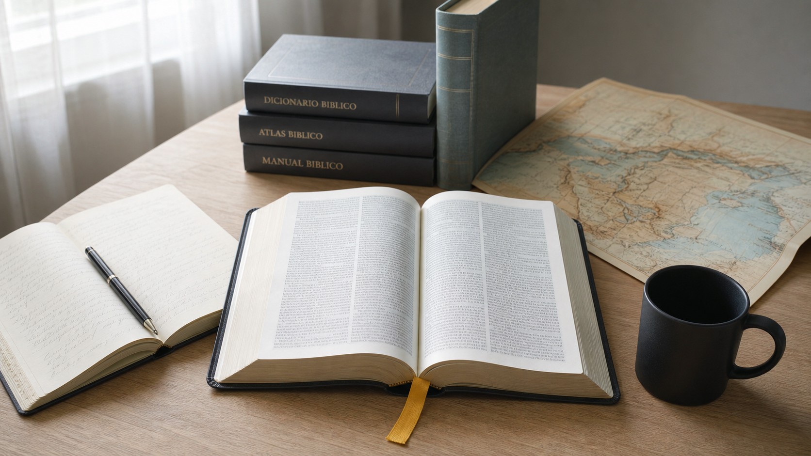 Mesa de estudo com Bíblia aberta, caderno de anotações, mapa e livros de consulta bíblica