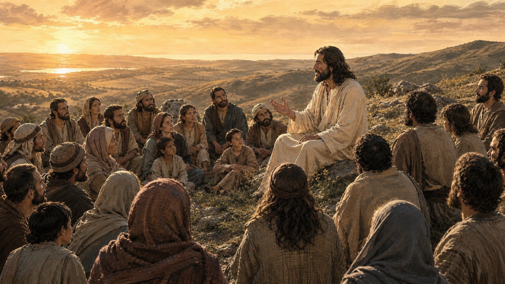 Pintura de Jesus sentado ensinando a multidão na encosta durante o Sermão da Montanha