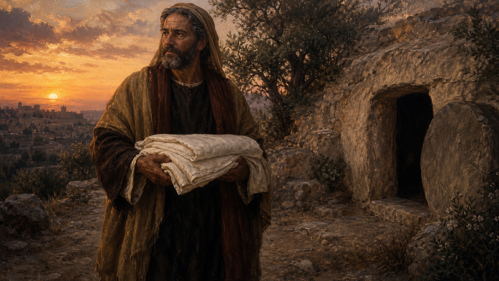 Ilustração histórica de José de Arimatéia carregando o lençol de linho limpo próximo ao túmulo esculpido na rocha em Jerusalém