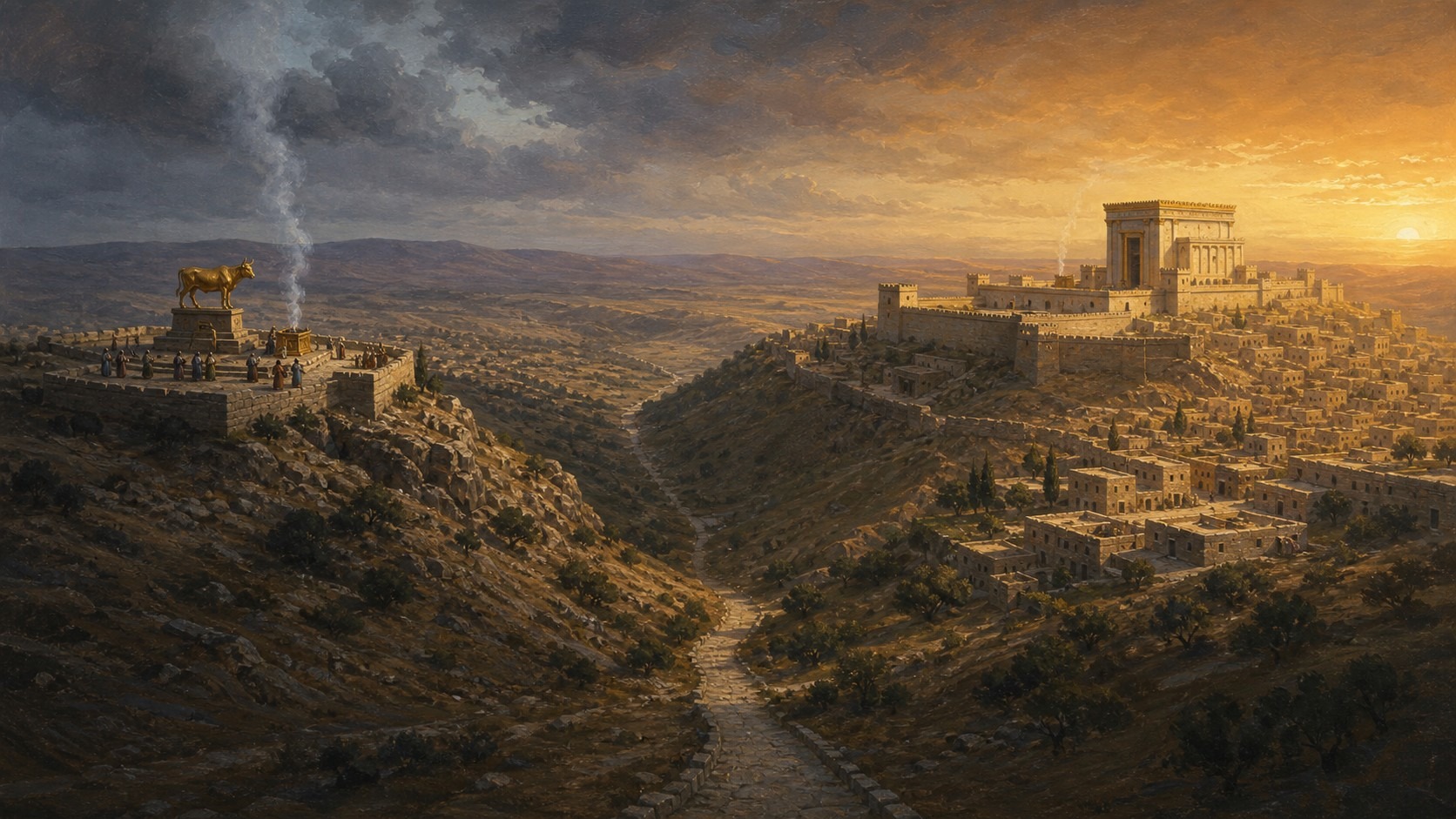 Pintura do vale que separa o reino do norte, com o santuário do bezerro de ouro, do reino do sul, com Jerusalém e o Templo