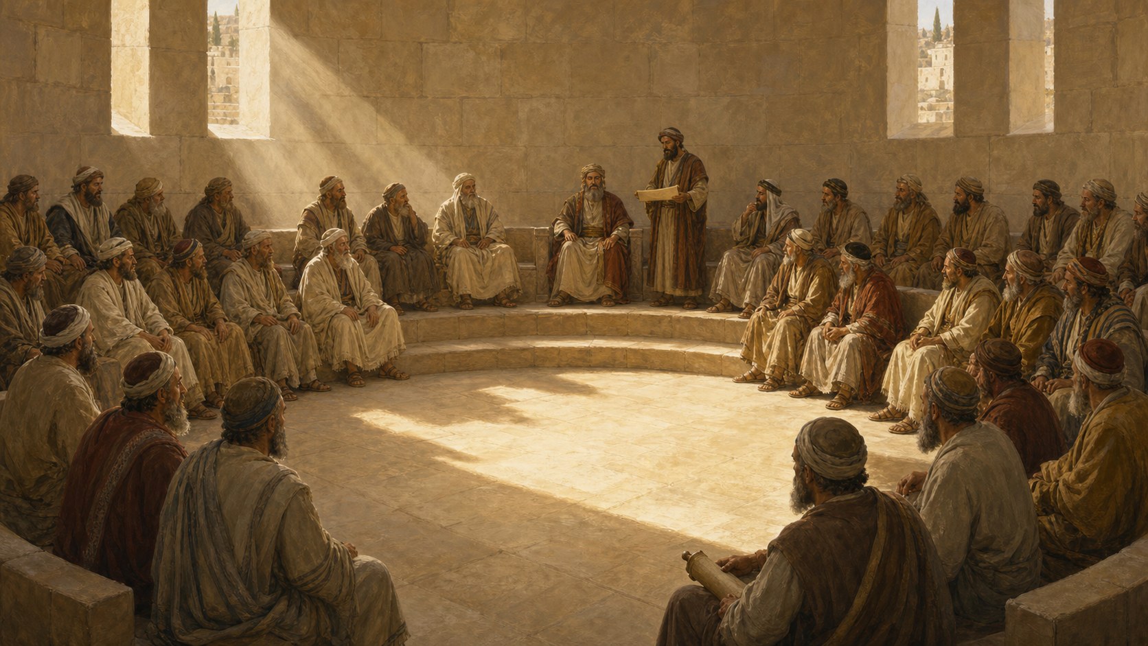 Os setenta e um anciãos do Sinédrio reunidos em semicírculo num salão de pedra do Templo, com o presidente sentado ao centro e um escriba de pé com o rolo