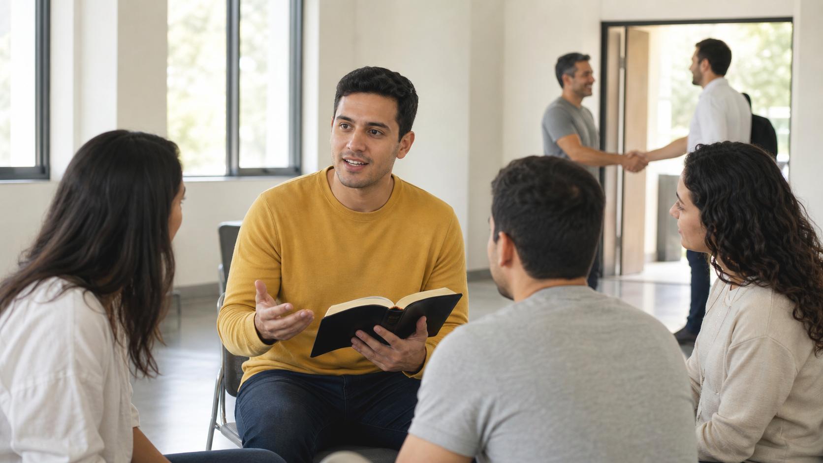 Lider ensinando um pequeno grupo com a Biblia aberta enquanto um visitante e recebido na porta