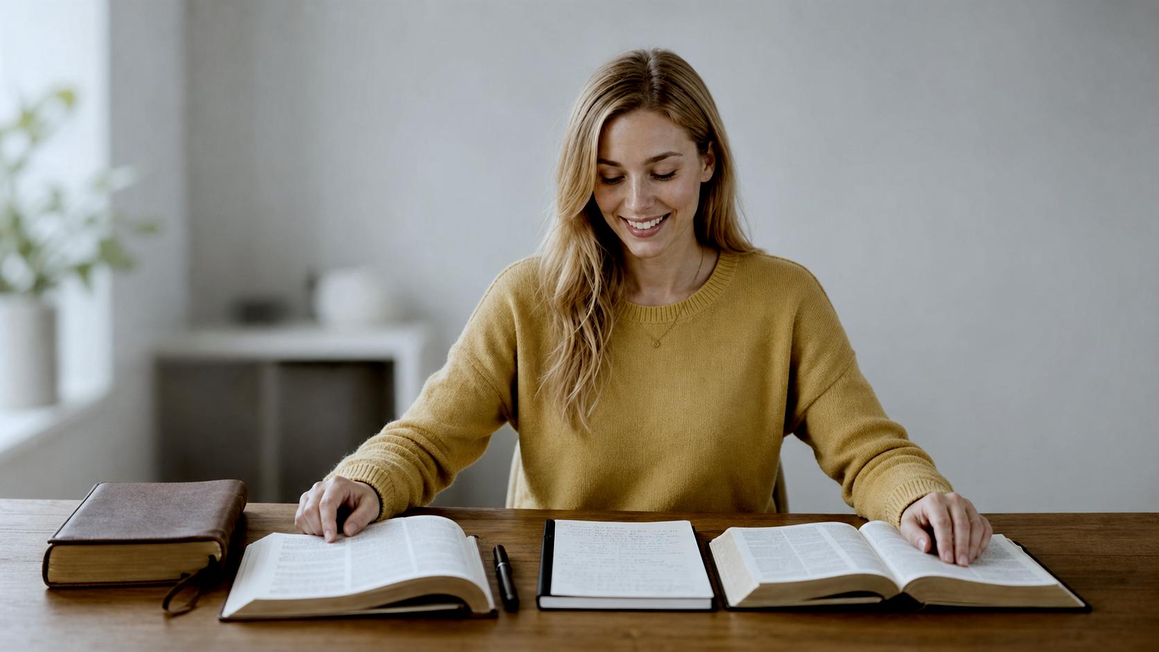 Pessoa estudando diferentes traduções da Bíblia