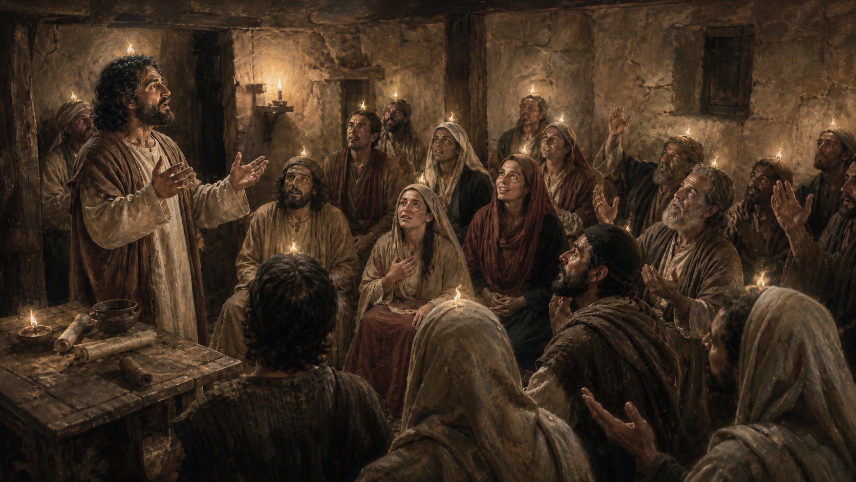 Pintura do dia de Pentecostes com as línguas de fogo sobre os discípulos reunidos