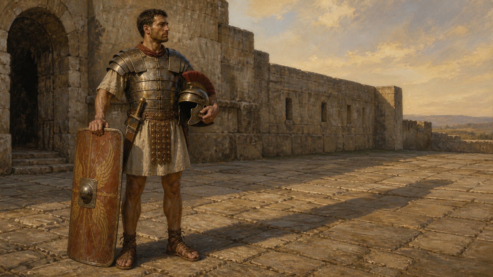 Pintura de soldado romano com cinto, couraça, sandálias, escudo, capacete e espada