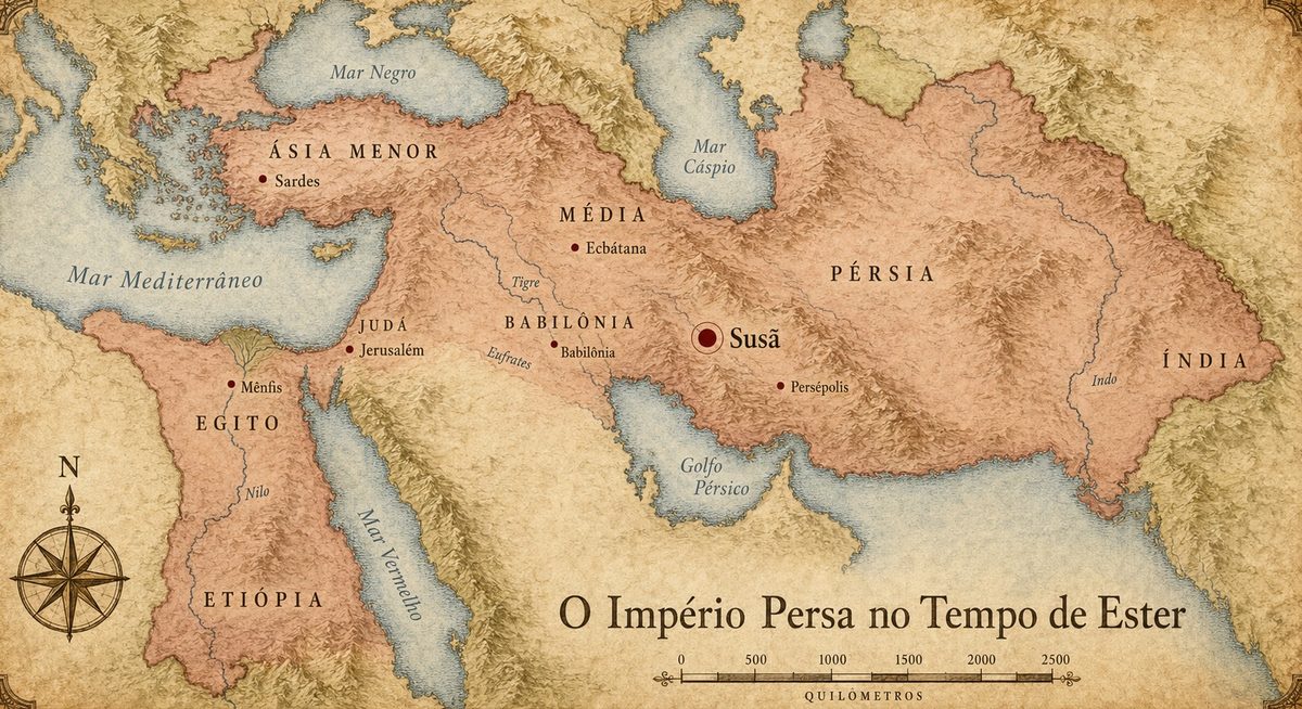 Mapa do Império Persa no tempo de Ester, da Índia à Etiópia