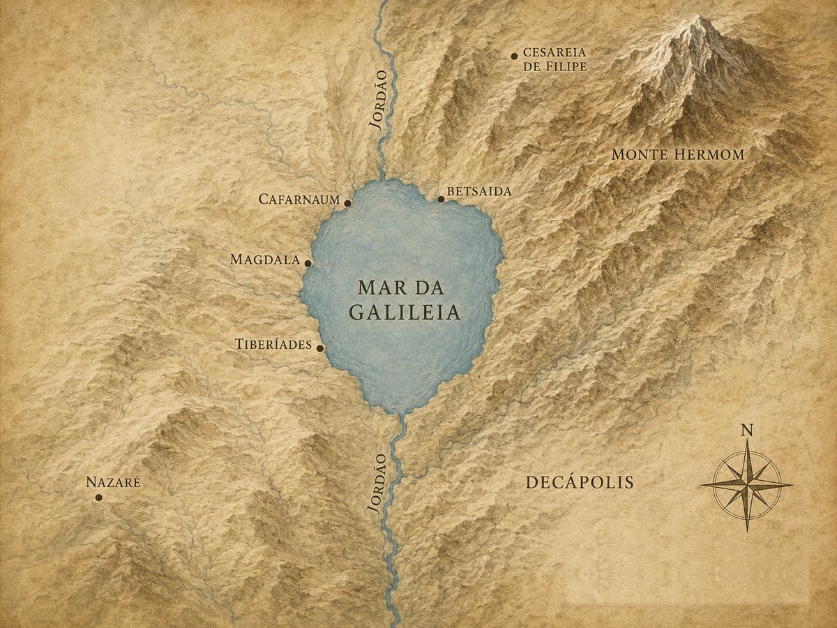 Mapa do mar da Galileia com Betsaida, Cafarnaum e Cesareia de Filipe
