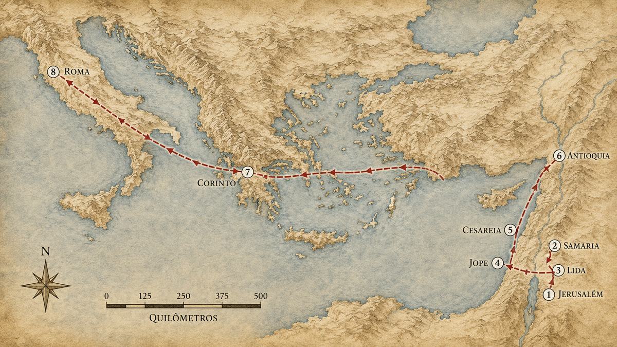 Mapa do caminho de Pedro de Jerusalém a Roma, passando por Jope, Cesareia e Antioquia