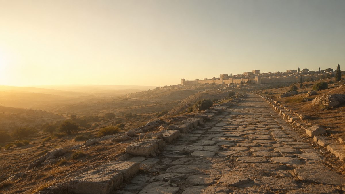 Estrada Romana ao Amanhecer Rumo a uma Cidade Muralhada