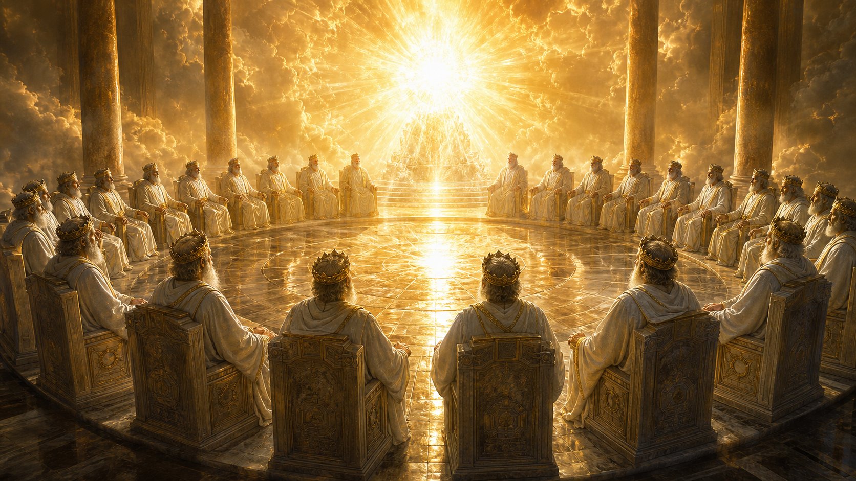Os vinte e quatro anciãos de vestes brancas e coroas de ouro ao redor do trono de Deus em Apocalipse