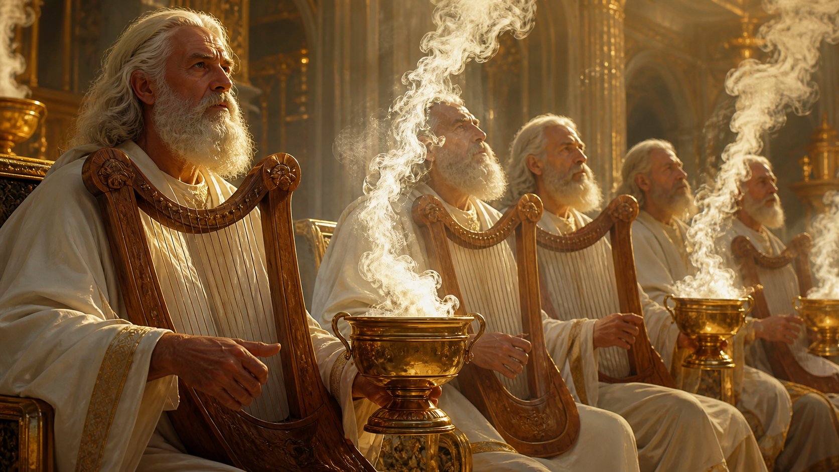 Anciãos celestiais segurando harpas e taças de incenso com as orações dos santos