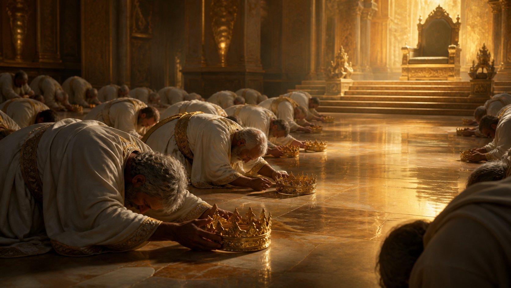 Os vinte e quatro anciãos prostrados lançando suas coroas de ouro diante do trono do Senhor