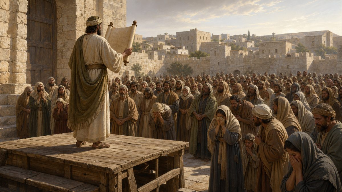 Esdras lendo o livro da Lei sobre o púlpito de madeira, diante do povo reunido na praça de Jerusalém