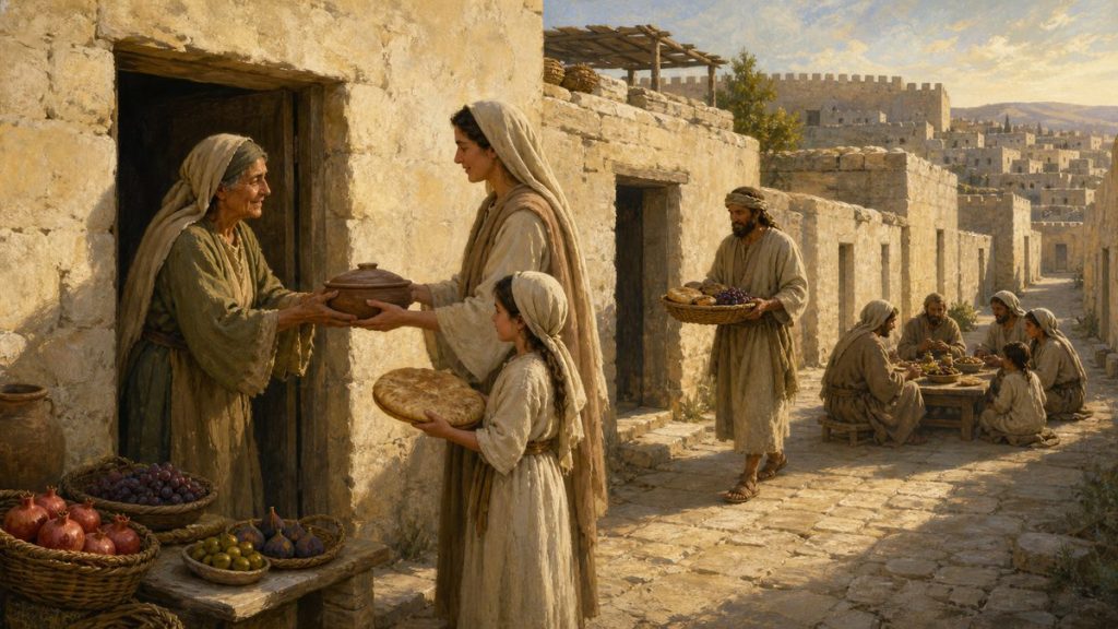 Mulher e menina entregando um pote e um pão a uma vizinha idosa na rua de Jerusalém, com famílias comendo ao fundo