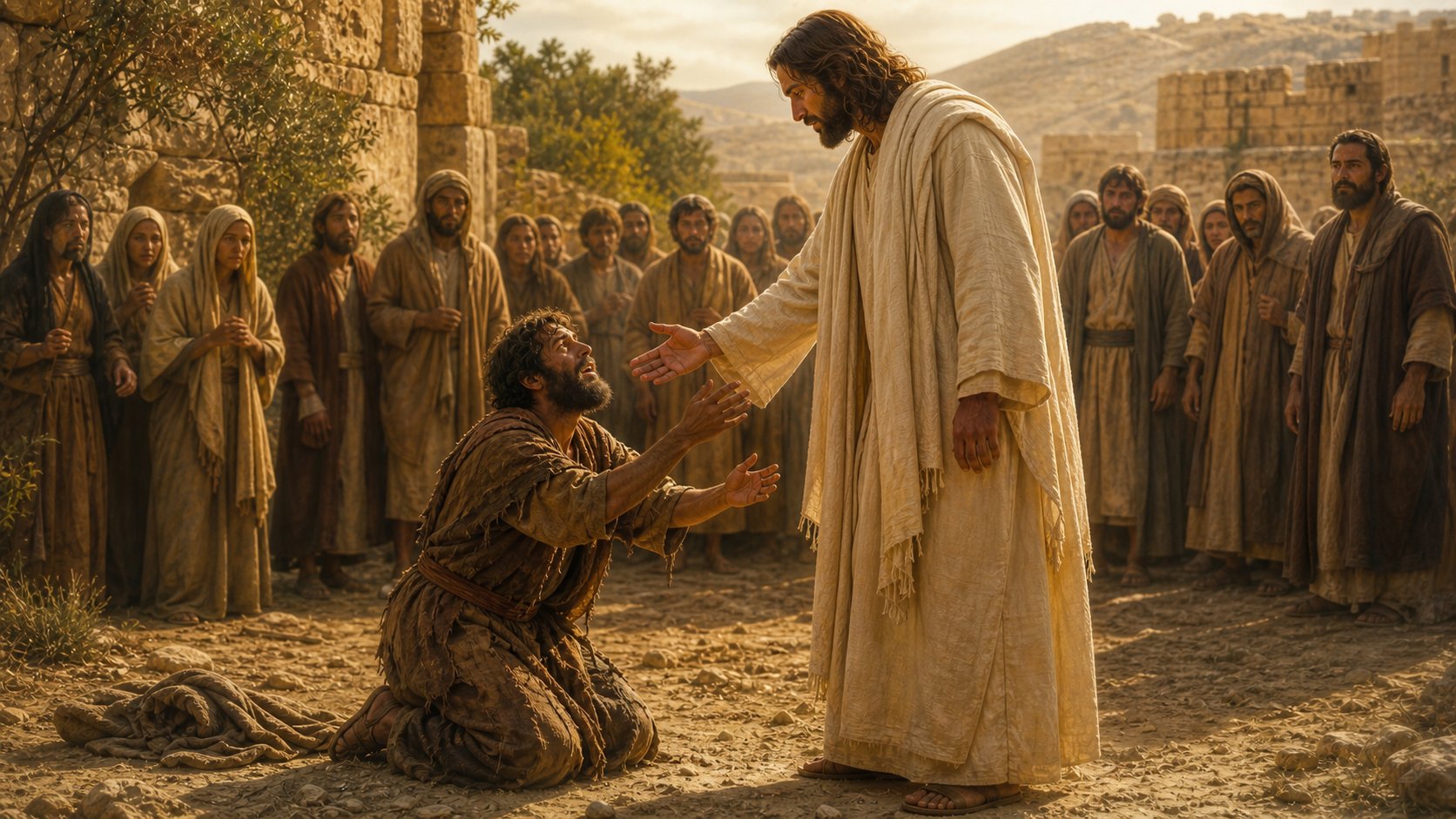 O cego Bartimeu de joelhos diante de Jesus no caminho de Jericó clamando por socorro