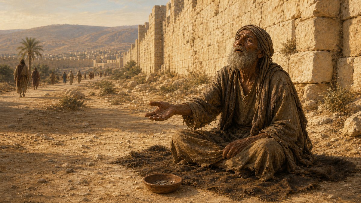 Bartimeu cego, mendigando sentado à beira da estrada de Jericó
