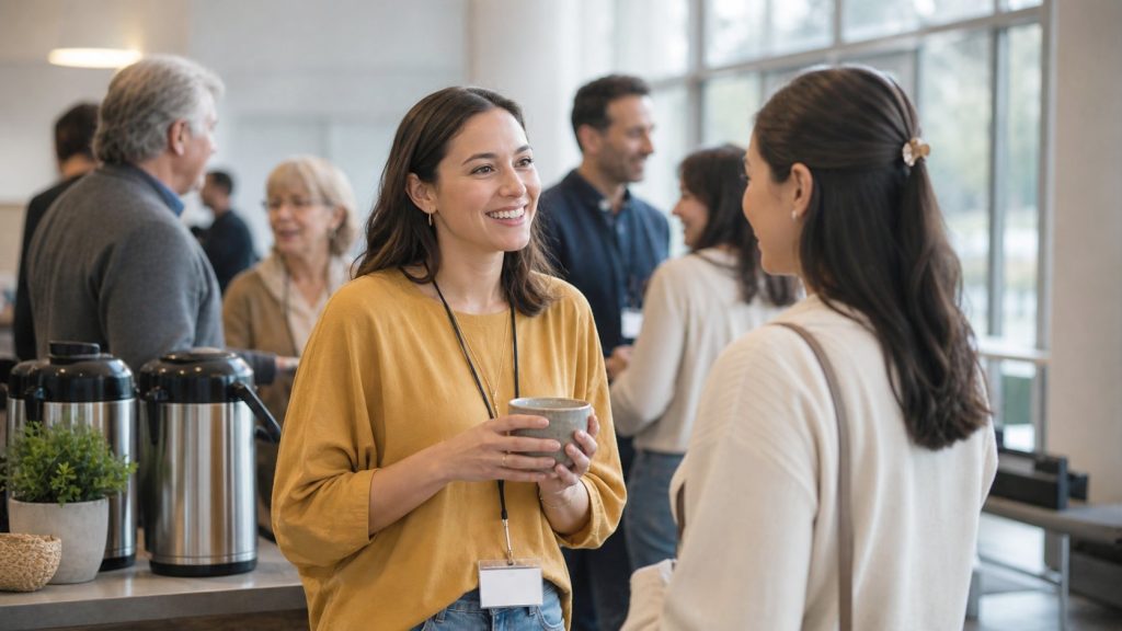 Voluntária da recepção conversa com uma visitante no espaço de café da igreja após o culto