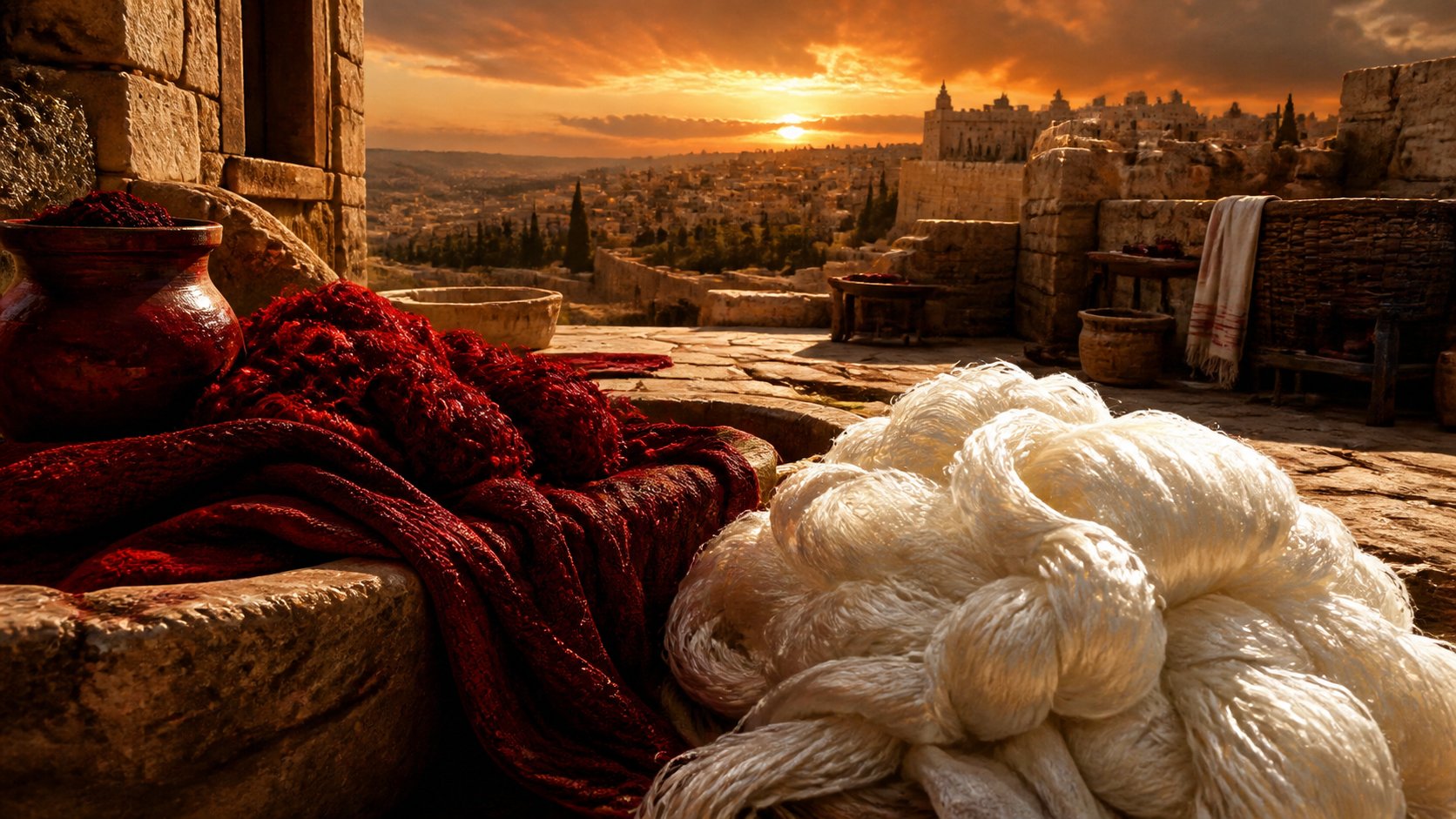 Tecidos de lã carmesim e escarlata contrastando com lã branca pura ao pôr do sol em Jerusalém