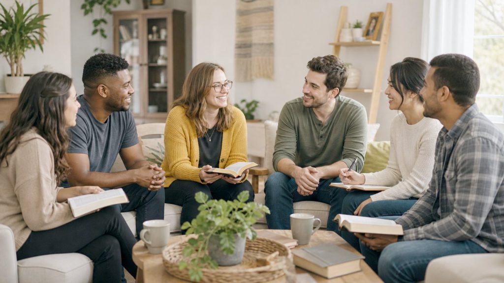 Pequeno grupo reunido em uma sala de estar acolhendo novos membros