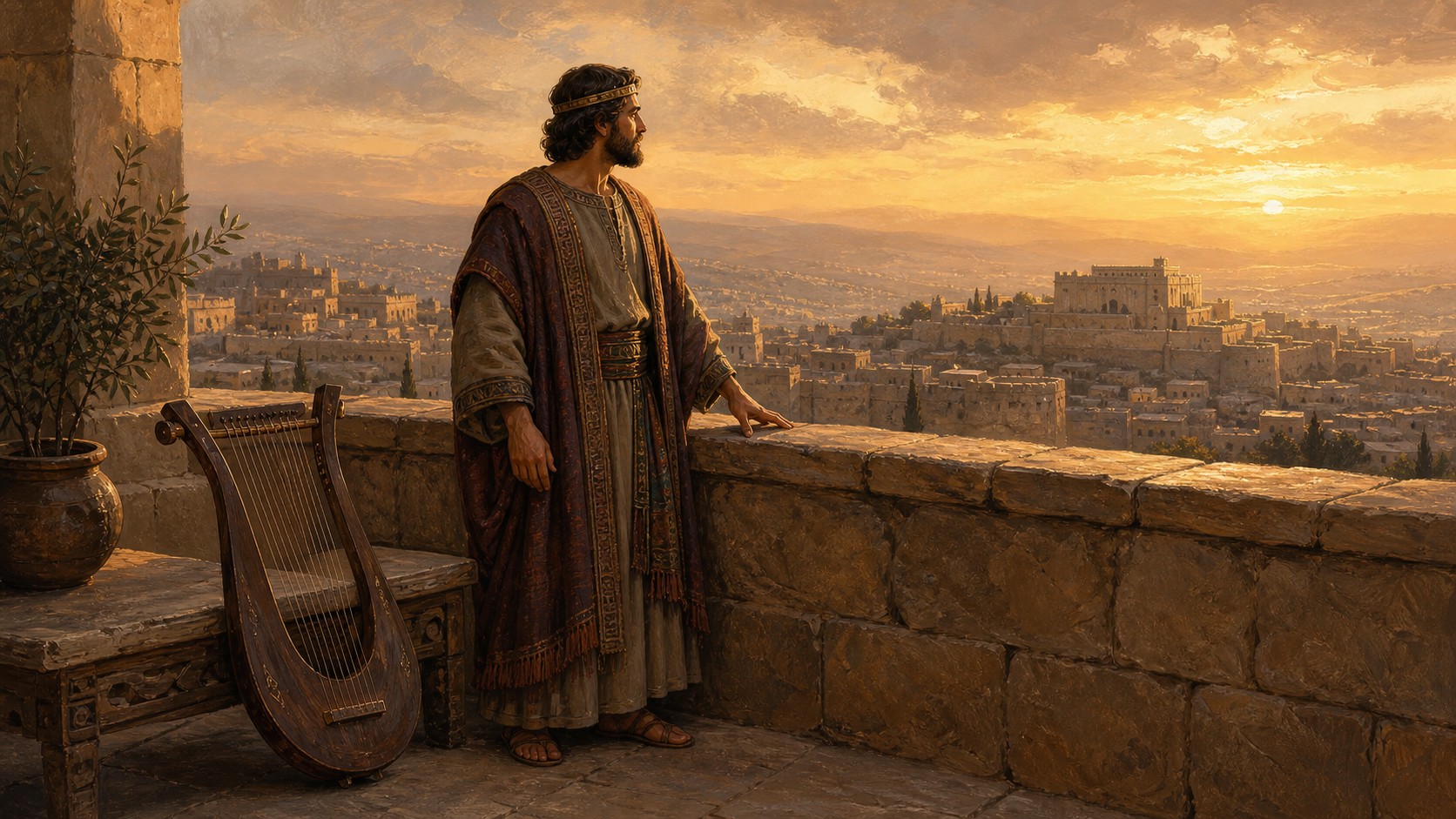 Davi, o rei de Israel, no terraço do palácio em Jerusalém