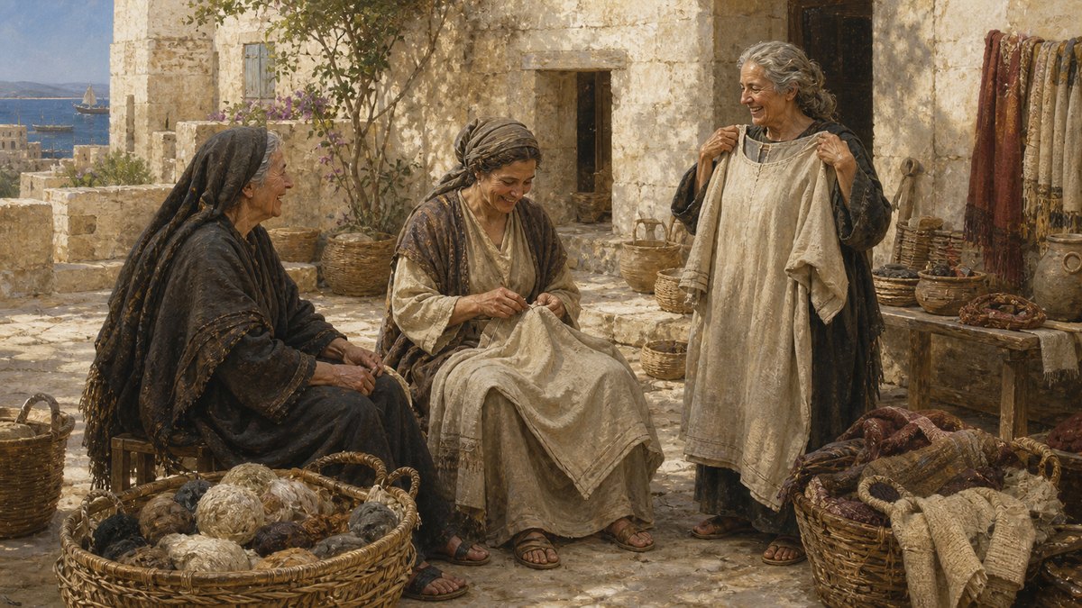 Dorcas costurando túnicas ao lado das viúvas de Jope