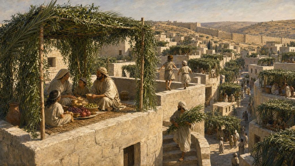 Cabanas feitas de ramos verdes sobre os terraços de Jerusalém, com famílias comendo debaixo delas na Festa dos Tabernáculos