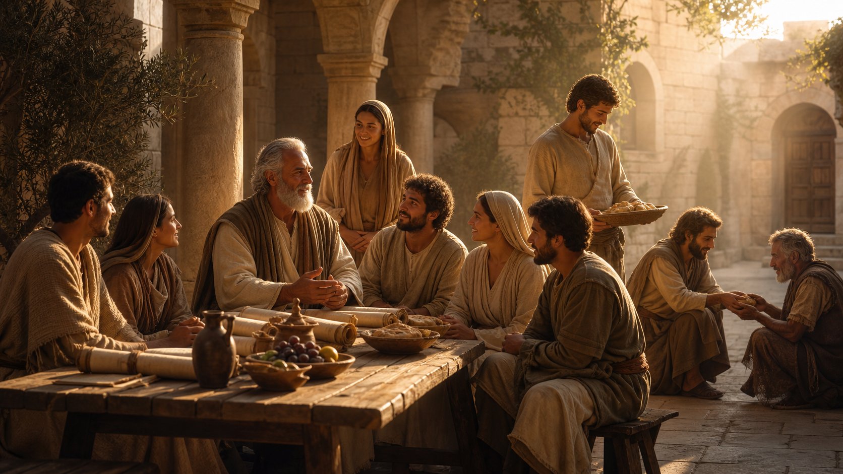 Cristãos primitivos em comunhão ao amanhecer refletindo o fruto do Espírito e o caráter de Cristo