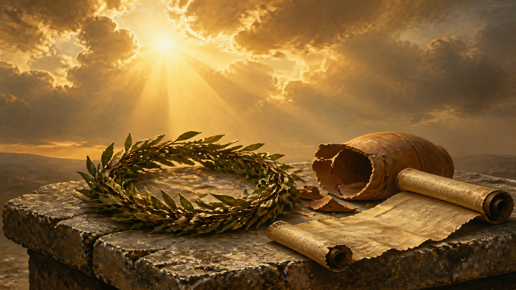 Coroa de louros e oliveira sobre altar de pedra com raios da alvorada