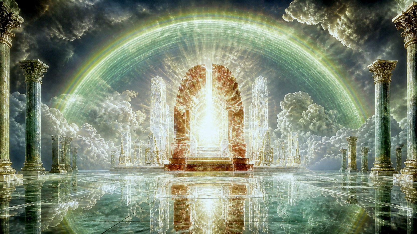 Visão celestial do trono de Deus com brilho de jaspe e sardônio cercado pelo arco de esmeralda