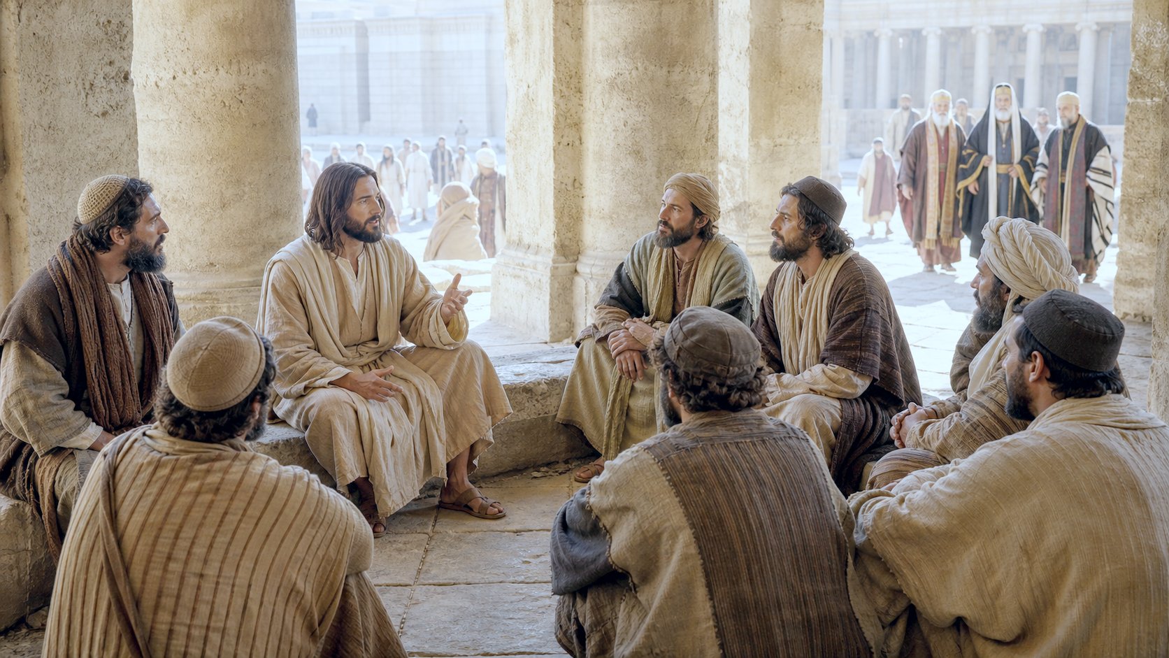 Jesus Cristo ensinando seus discípulos nas colunatas do templo em atitude de fraternidade e humildade