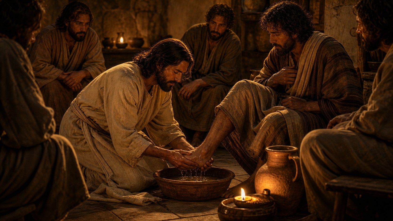 Jesus ajoelhado lavando os pés dos discípulos no cenáculo em profunda humildade