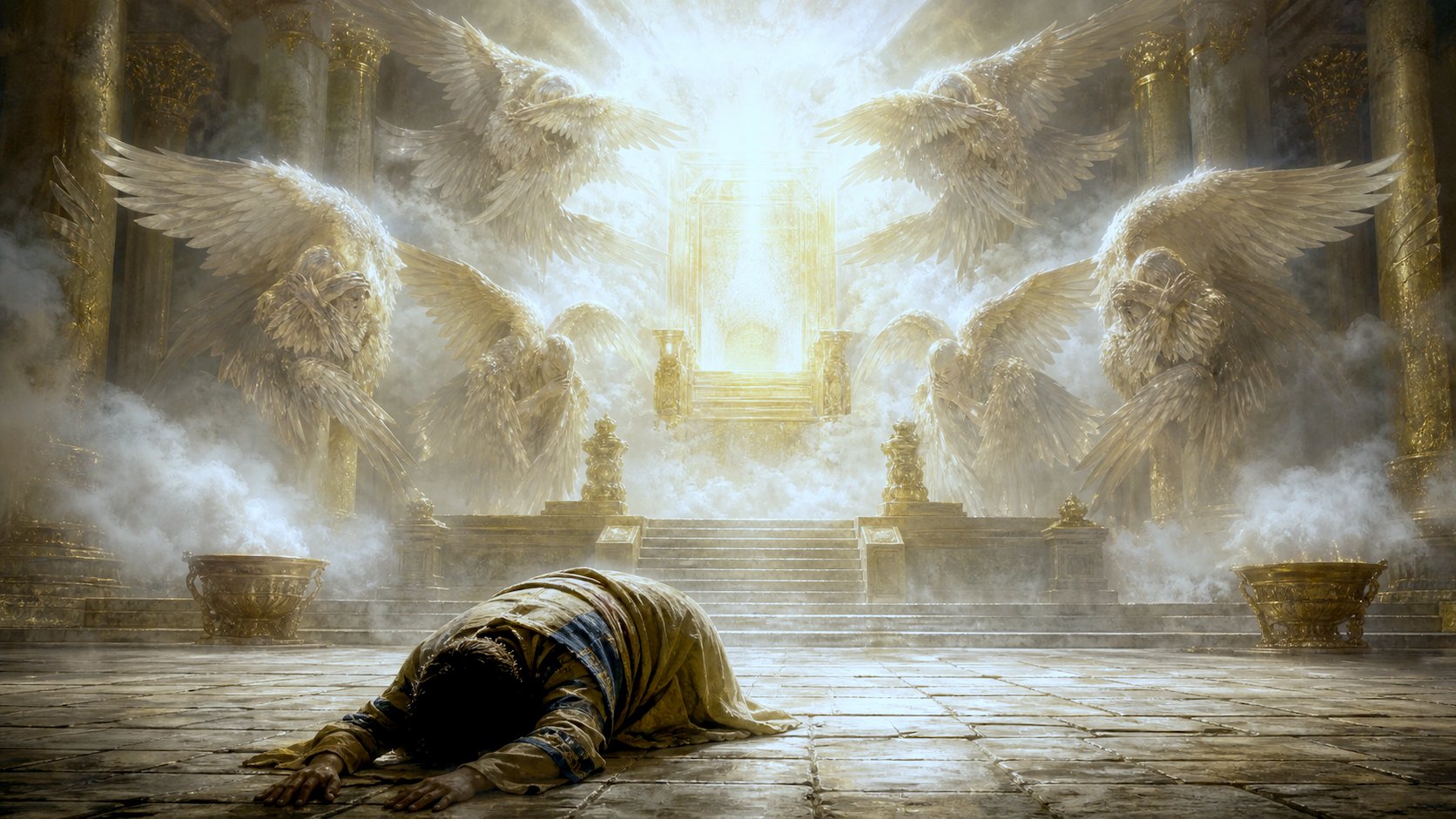 Isaías prostrado no templo diante do trono santo de Deus ao som do canto dos serafins