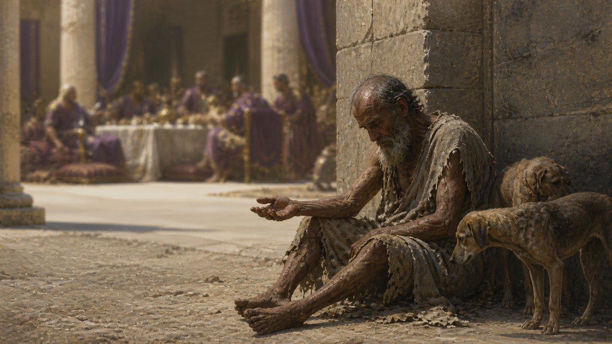 O mendigo Lázaro à porta do rico, coberto de chagas, com os cães