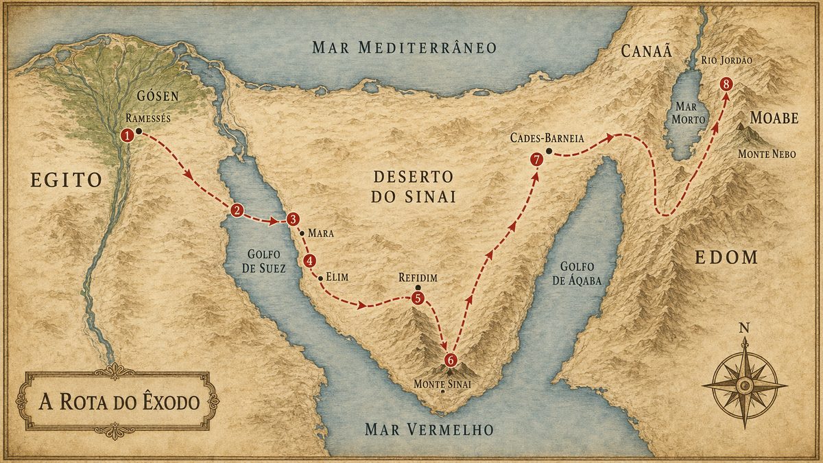 Mapa da rota do Êxodo, de Ramessés no Egito ao monte Nebo em Moabe