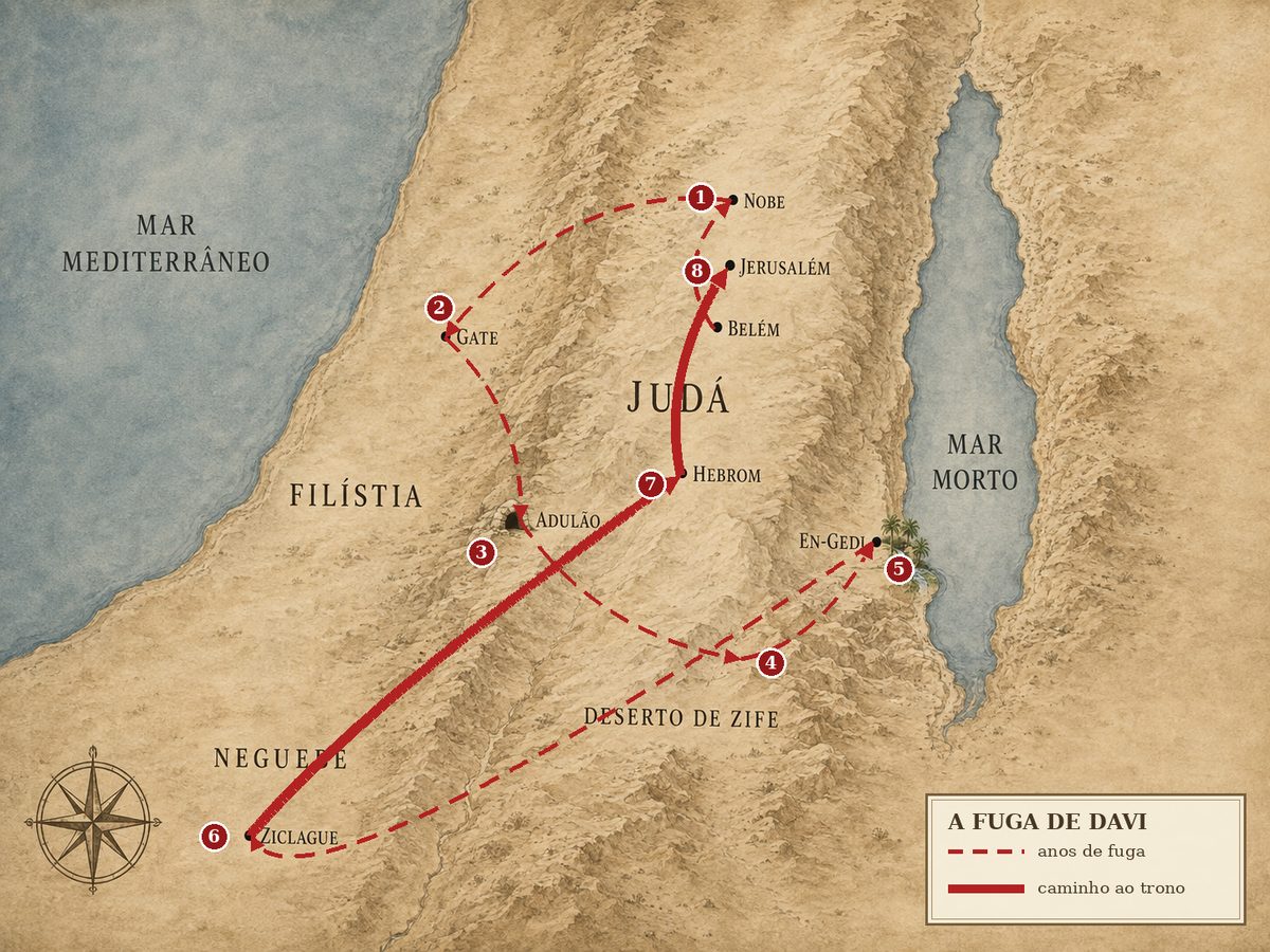 Mapa dos deslocamentos de Davi durante a fuga de Saul, de Belém a Ziclague, até Hebrom e Jerusalém