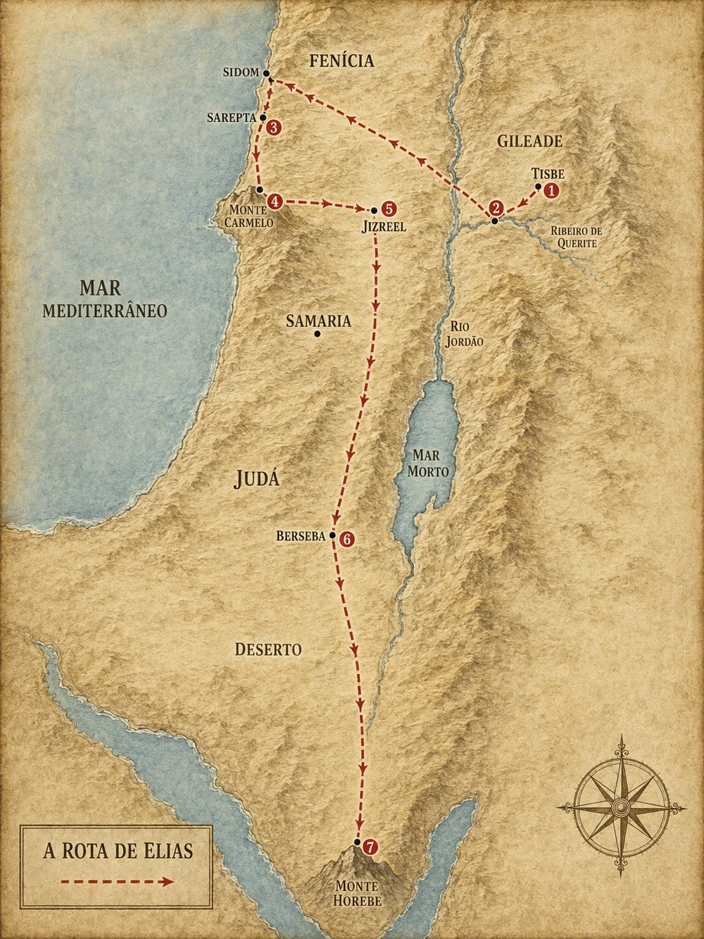 Mapa dos deslocamentos de Elias, de Tisbe em Gileade ao monte Horebe