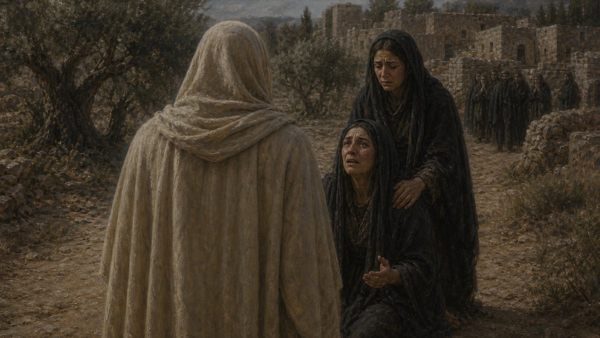 Marta e Maria diante de Jesus, chorando, no caminho de Betânia