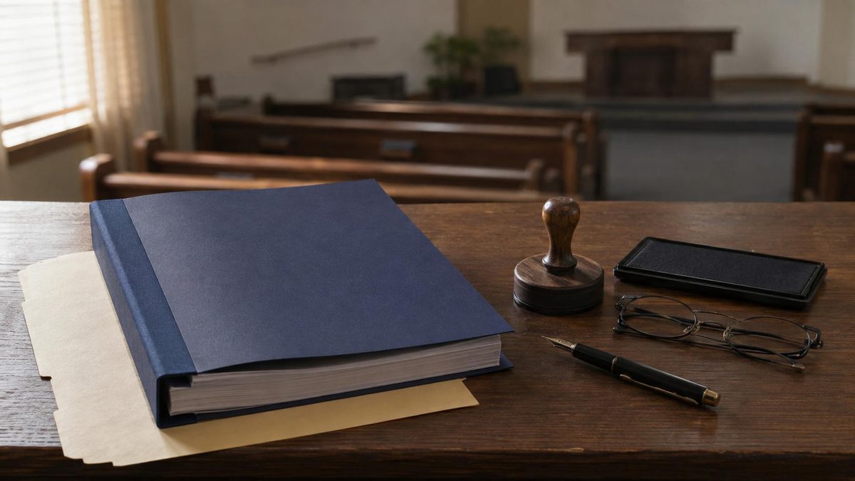 Estatuto de igreja sobre a mesa da secretaria, com carimbo e caneta