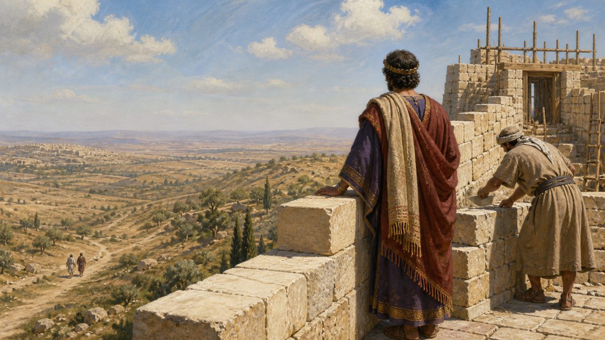 Neemias no Alto do Muro Reconstruído de Jerusalém, com o Vale ao Longe