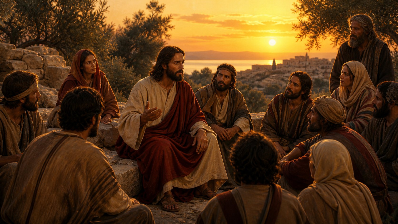 Jesus Cristo ensinando discípulos com compaixão e autoridade ao pôr do sol